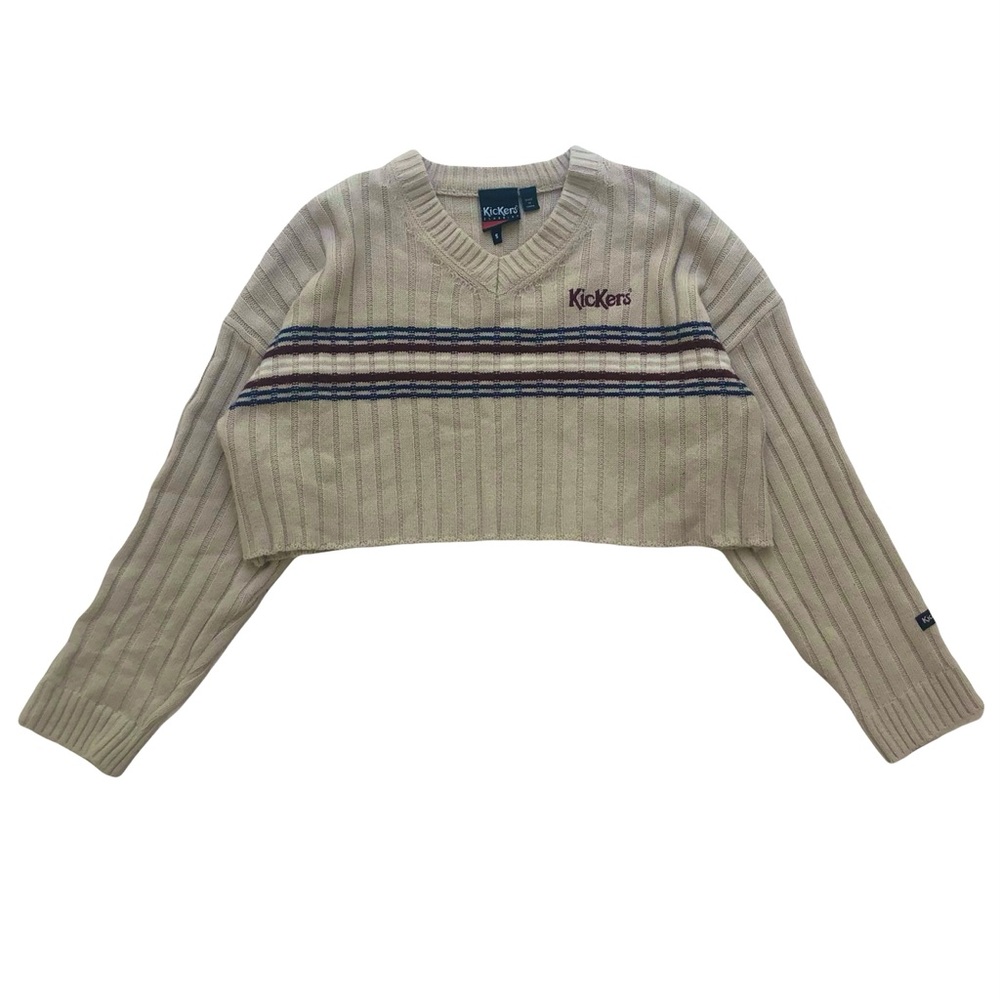 Cropped striped v neck sweater